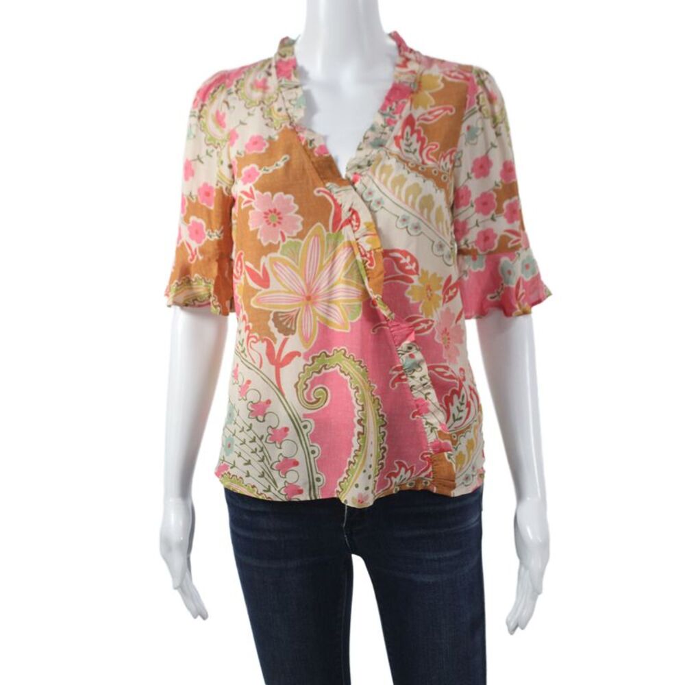 Spartina 449 Women Tunic Floral V-Neck Short Sleeve Multicolor Size 2XS